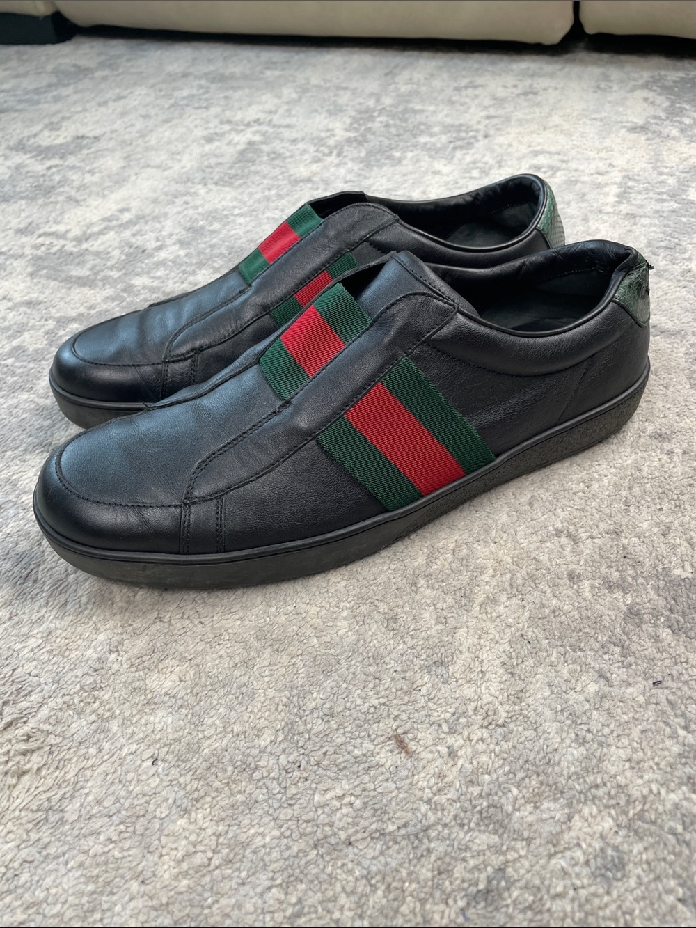 Gucci Miro Soft Web Ace Leather Slip On Sneakers Black Mens Sz 10